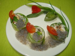 Curd salad in cucumber rolls with subza topping recipe